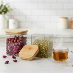 Kit Potes de vidro com tampa de bambu hermética - EcoGlass - 450 ml - Promoçao