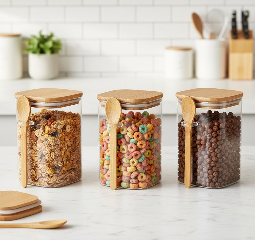 Kit Potes de vidro com tampa de bambu hermética - EcoGlass - 450 ml - Promoçao