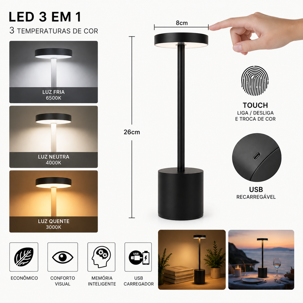 Luminária de Mesa Touch Recarregável 3 Tons de Luz