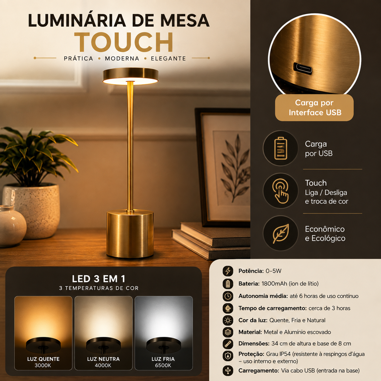 Luminária de Mesa Touch Recarregável 3 Tons de Luz